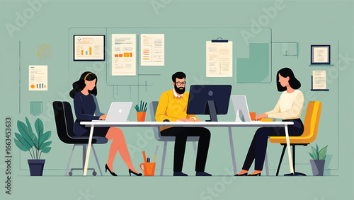 Vector illustration of a man and woman working as colleagues on laptops at a shared desk in a modern, bright office environment