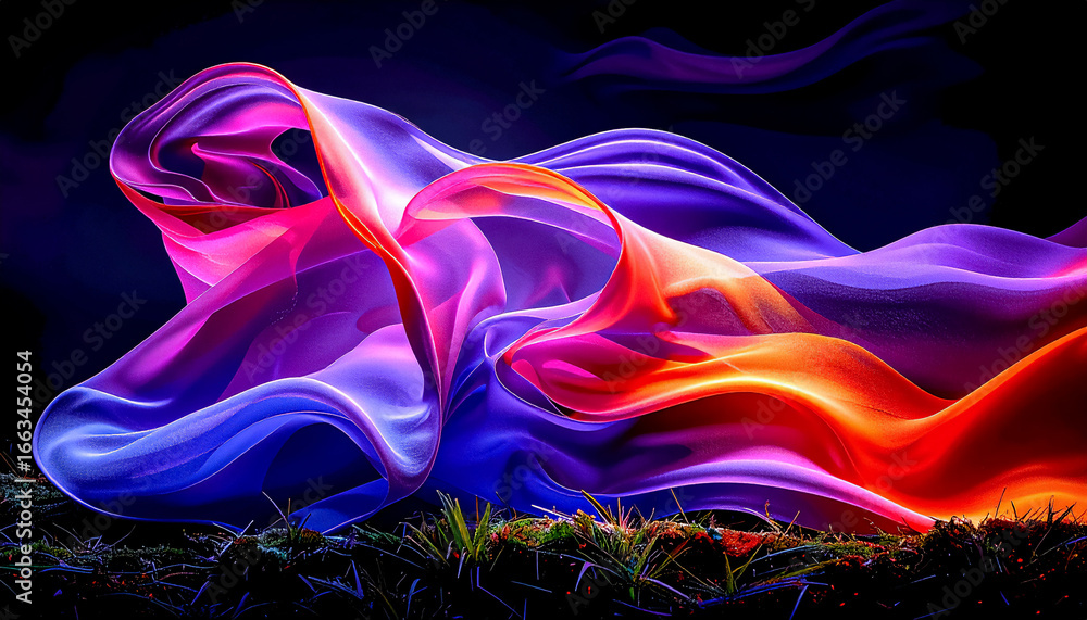 Obraz premium Futuristic abstract illustration of light trails resembling neural connections flowing through a natural landscape with trees and grass, water, harmony between artificial intelligence and nature