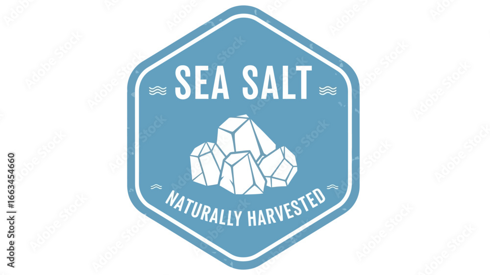 Vintage emblem design for natural sea salt products. A minimalist blue and white hexagonal badge with mineral crystals for organic food branding
