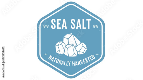 Vintage emblem design for natural sea salt products. A minimalist blue and white hexagonal badge with mineral crystals for organic food branding