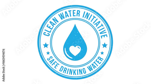 A blue vector emblem illustration symbolizing a clean water campaign. This circular stamp design features a water droplet with a heart icon for promoting safe drinking water