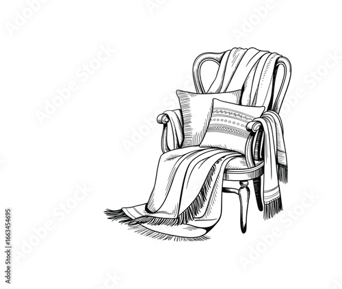Cozy armchair with draped blanket and cushions hand-drawn sketch for comfort and relaxation white background