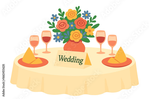 Wedding table setting with floral centerpiece and wine glasses wedding guest table