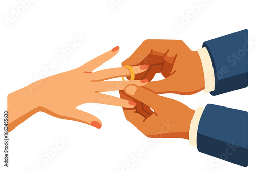Man placing wedding ring on woman's finger during marriage ceremony groom putting ring