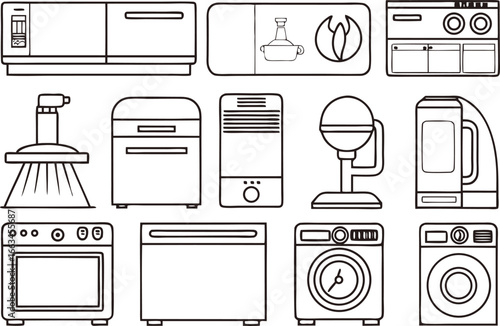 A set of household kitchen appliance icons, a vector illustration of home electronic equipment, and symbols of various electric kitchen appliances