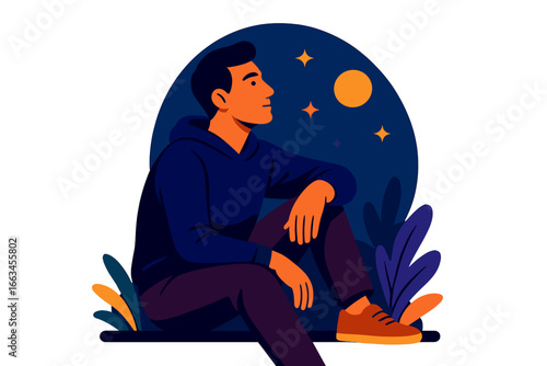 Young man sitting and contemplating under a night sky with stars man sitting outside at night