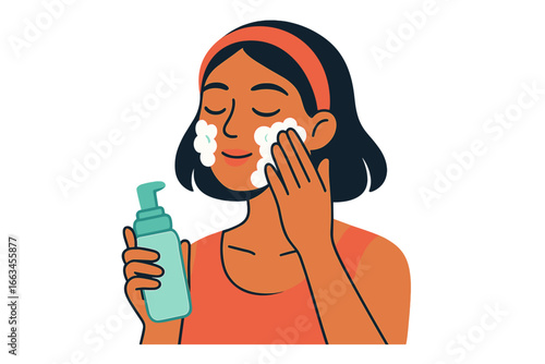 Young woman applying face cleanser while smiling in casual setting woman using cleansing foam