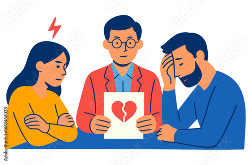 Couple discussing relationship problems with counselor in office couple in divorce meeting