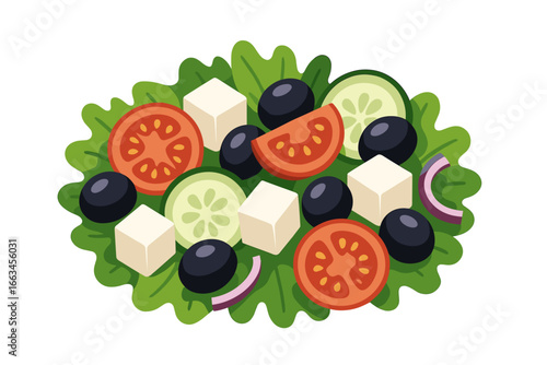 Colorful salad with lettuce, tomatoes, cucumbers, and feta cheese Greek salad with olives