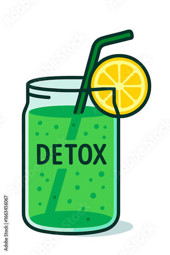 Green detox drink in a jar with lemon slice and straw detox drink with lemon