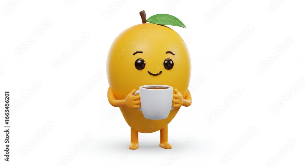 Cartoon mango character with coffee cup Cartoon mango character with coffee cup