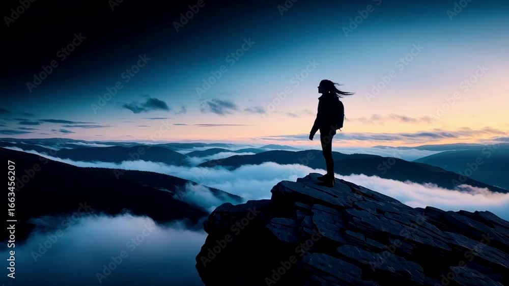 Solo hiker standing on a dramatic mountain peak at dusk Solo hiker standing on a dramatic mountain peak at dusk