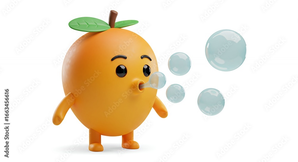 Fototapeta premium Cartoon orange character blowing bubbles