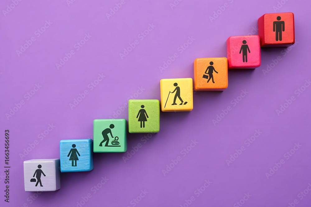 Obraz premium Population growth and decline concept. Age groups of the population. Children being born, adults and elderly people leaving.