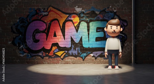 subject on the right standing next to a vibrant graffiti art decorated brick wall with the word game written on it, a spotlight illuminates the scene, creating a shimmering effect