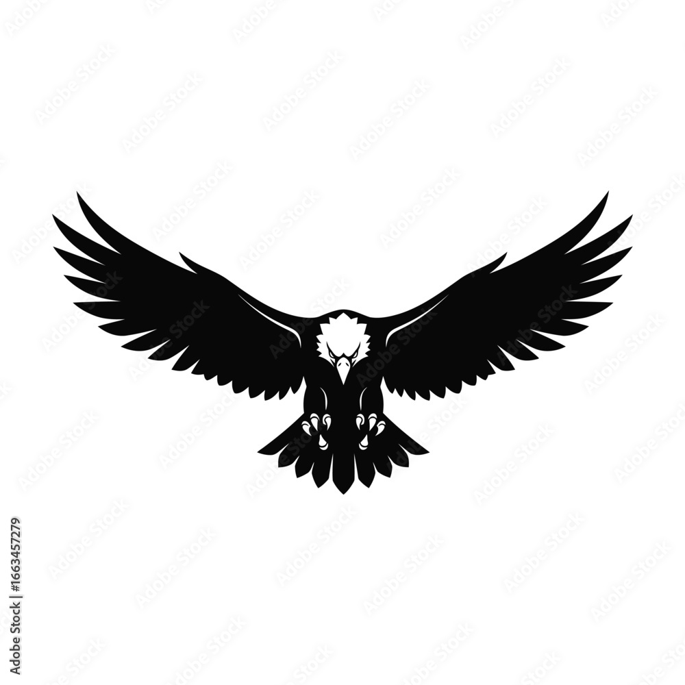 Obraz premium Vector art of a black and white silhouette of an eagle with wings spread wide, flying powerfully, isolated on a