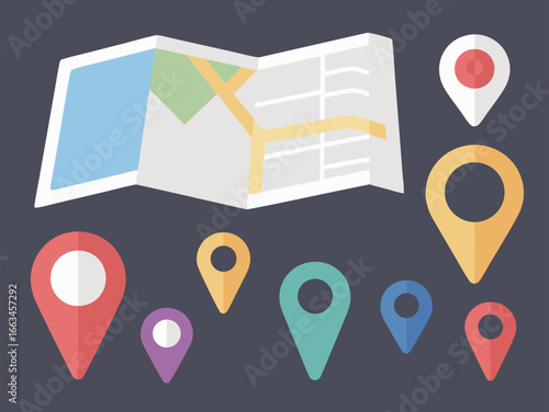 Colorful map with location pin icons and folded navigation guide illustration
