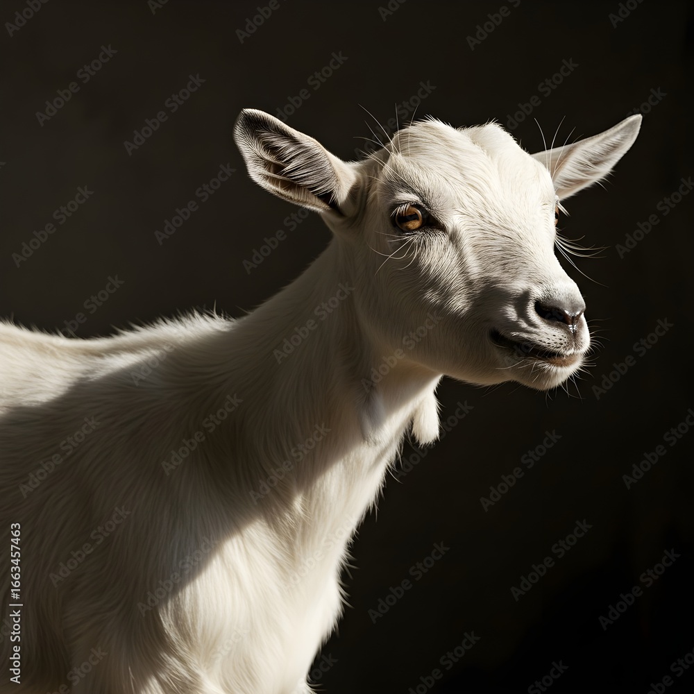 Obraz premium Studio portrait of a white goat with clean background, showcasing farm animal beauty, detail, and rustic charm for agriculture and nature concepts.