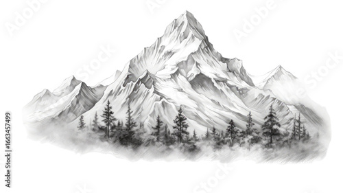 Scenic mountain sketch drawing with abstract rocky landscape isolated on white background
