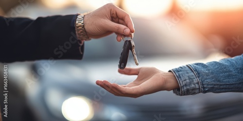 The transfer of car keys during a significant vehicle handover moment.