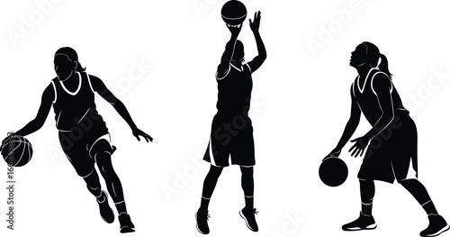 Female Basketball Player Silhouettes Shooting and Dribbling on White Background woman sport