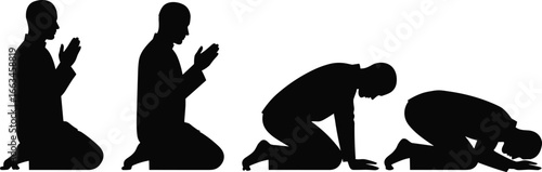 Four Silhouettes Of A Man Performing Islamic Prayer On White Background praying male