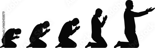 Five Silhouettes Of A Man Praying In Sequence On White Background prayer male