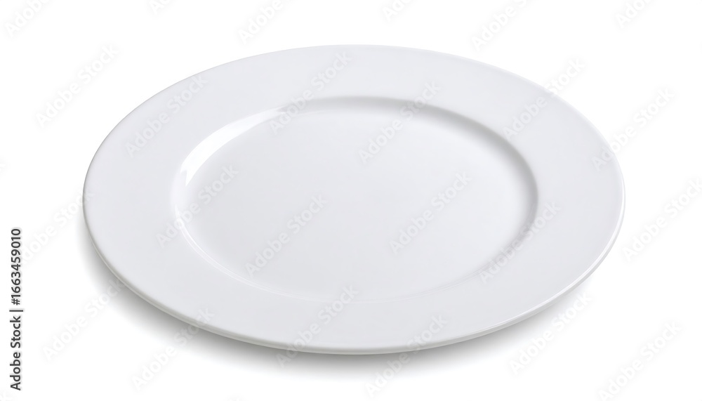 A round, pristine white plate is presented against a plain white backdrop.