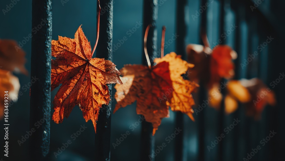 Obraz premium Close Up Autumn Leaves On Dark Metal Fence