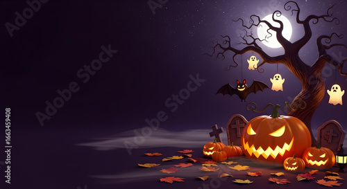 Spooky Halloween scene featuring a glowing Jack-o'-lantern, ghost, black cat, and bats under a full moon