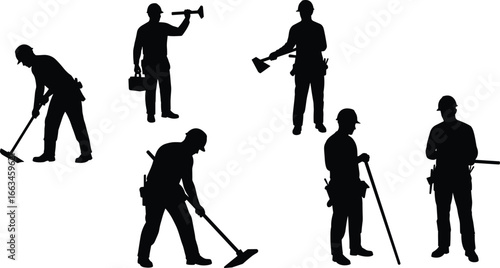 Silhouettes Of Construction Workers With Tools On White Background male