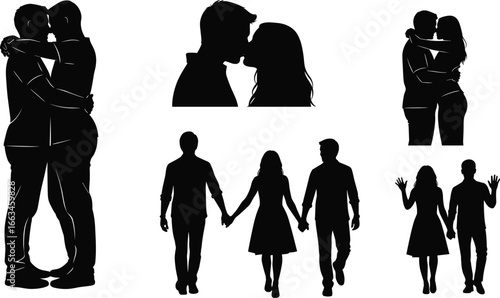 Silhouettes of couples embracing kissing and walking holding hands love romance