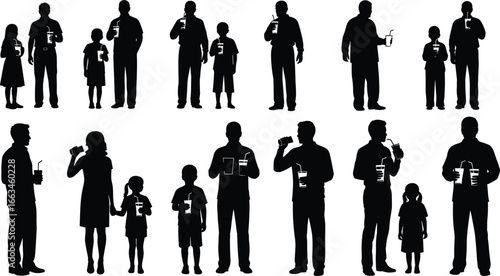 Silhouettes of families and individuals drinking beverages with straws on white background family people