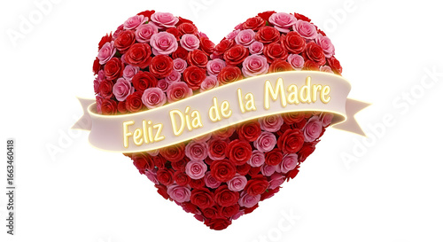 Heart-shaped arrangement of red and pink roses with a 'Feliz Dia de la Madre' banner.
