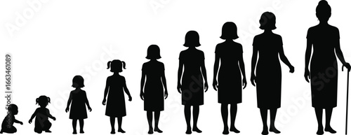 Silhouettes of human life stages from baby to elderly woman on white growth development