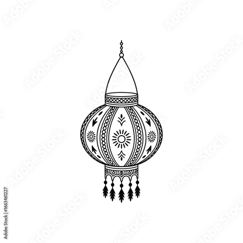 Ornate decorative hanging lantern with intricate patterns and tassels for ambiance white background