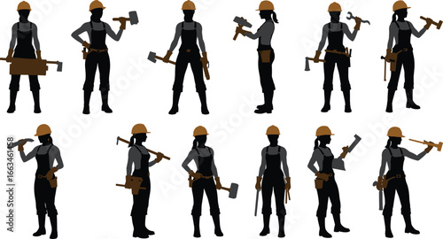 Silhouettes of women construction workers with tools and hard hats woman builder