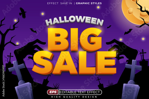 Editable 3d bold text effect halloween big sale with zombie silhouette and moon for design poster