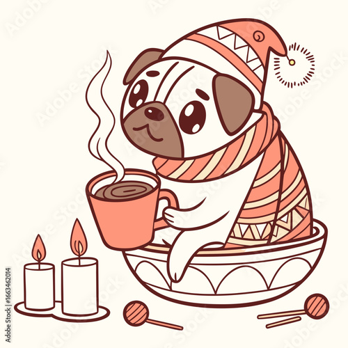 Playful Funny Pug design, styled with sitting in a teacup ride and Warm Cozy shades in a Christmas setting