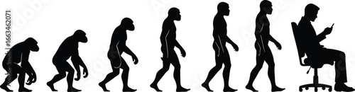 Silhouettes showing human evolution from ape to modern man with phone vector illustration