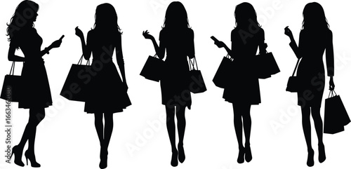 Silhouettes of women with shopping bags and phones on white background woman