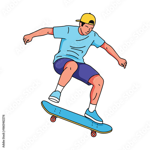 Flat vector of a young man skateboarding