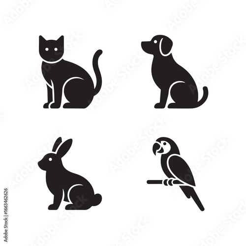 Four silhouette pet icons featuring cat dog rabbit and parrot on a for animal lovers silhouette