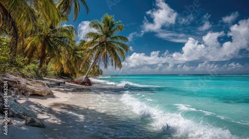 Tropical beach scene with palm trees and turquoise water