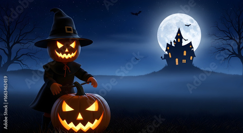 Spooky Halloween scene featuring a glowing Jack-o'-lantern, ghost, black cat, and bats under a full moon