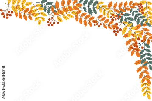 Autumn border with colorful rowan branches, yellow, orange, and green leaves with berries. This illustration represents the concept of seasonal change, fall beauty, and natural frame design