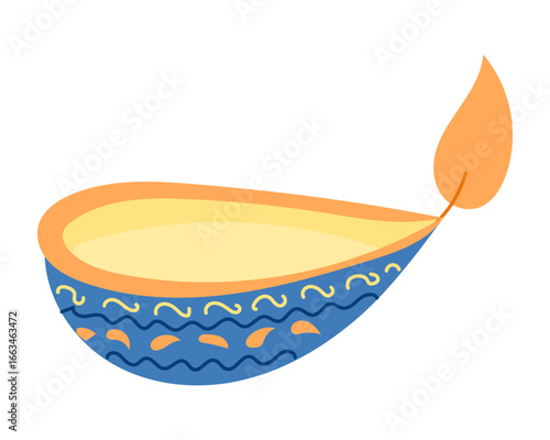 Colorful Diwali oil lamp with decorative patterns and burning flame. This illustration represents the concept of light, celebration, and traditional Indian festival spirit