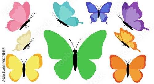 Collection of colorful stylized butterflies isolated on white background