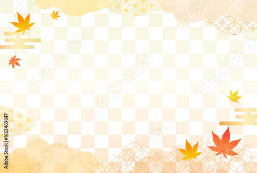 秋　水彩風 紅葉と和柄 背景 市松模様	
