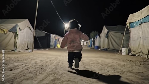 Child Running Along Sandy Path Amid Tents Under Streetlights in Night in Refugee Camp